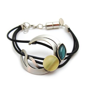 Brushed silver with Marquis Blue stone Leather Magnetic Bracelet